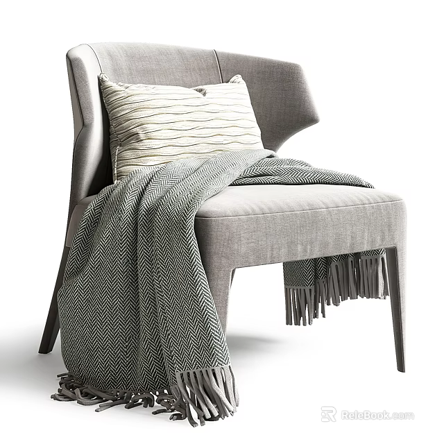 Gray Single Sofa With Curved Armrest Striped Pillow And Fringe Throw Blanket 3d model 