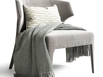 Gray Single Sofa With Curved Armrest Striped Pillow And Fringe Throw Blanket 3d model