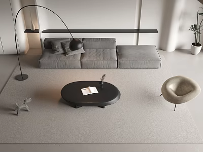 Modern Gray Sofa Coffee Table Set With Black Round Table Floor Lamp And Accent Chair 3d model