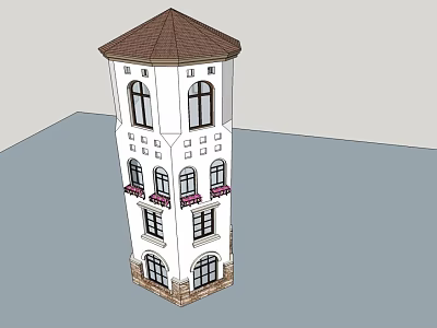 Multi Story White Tower With Brown Roof Windows And Red Accent Balconies 3d model