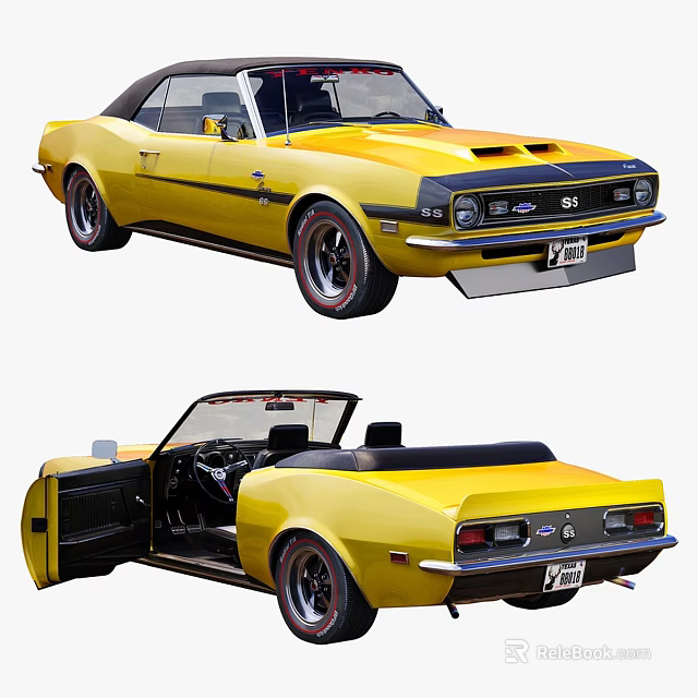 Yellow Classic Convertible Car With Open Doors And Visible Interior 3d model