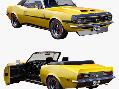 Yellow Classic Convertible Car With Open Doors And Visible Interior 3d model