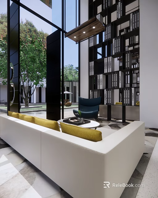 Modern Hotel Public Lounge With White Sofa Yellow Cushions Blue Armchair Bookshelf And Green Trees 3d model 