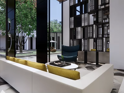 Modern Hotel Public Lounge With White Sofa Yellow Cushions Blue Armchair Bookshelf And Green Trees 3d model