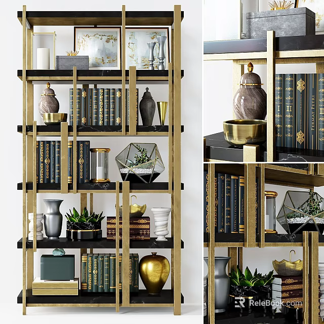 Stylish Modern Display Shelf With Gold Frame Books Decorative Vases And Succulents 3d model 