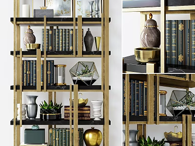 Stylish Modern Display Shelf With Gold Frame Books Decorative Vases And Succulents 3d model