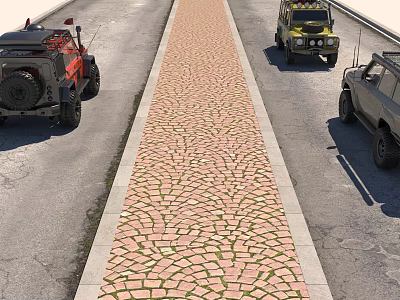 Central Brick Paved Roadway With Off Road Vehicles Parked On Sides 3d model