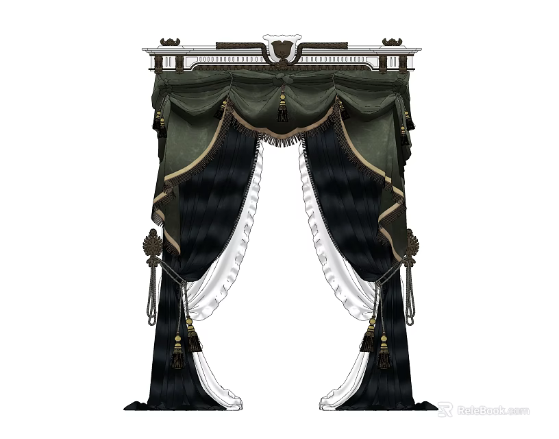 Luxurious Dark and White Curtains with Ornate Top and Tassel Details 3d model 
