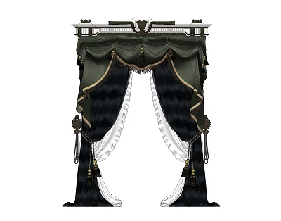 Luxurious Dark and White Curtains with Ornate Top and Tassel Details 3d model