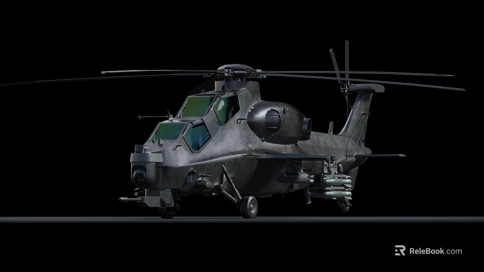 Military Attack Helicopter With Dark Gray Exterior Rotors And Weapon Systems 3d model 