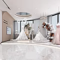 Elegant Modern Bridal Shop Interior With White Wedding Dresses And Curved Lighting