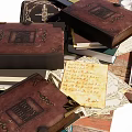Vintage Leather Bound Books With Open Ancient Pages And Stacked Old Titles