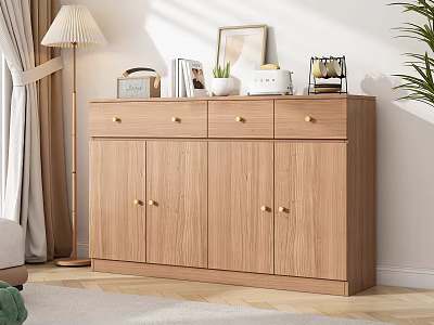 Light Wood Sideboard with Golden Handles and Decorative Items in Modern Living Room 3d model