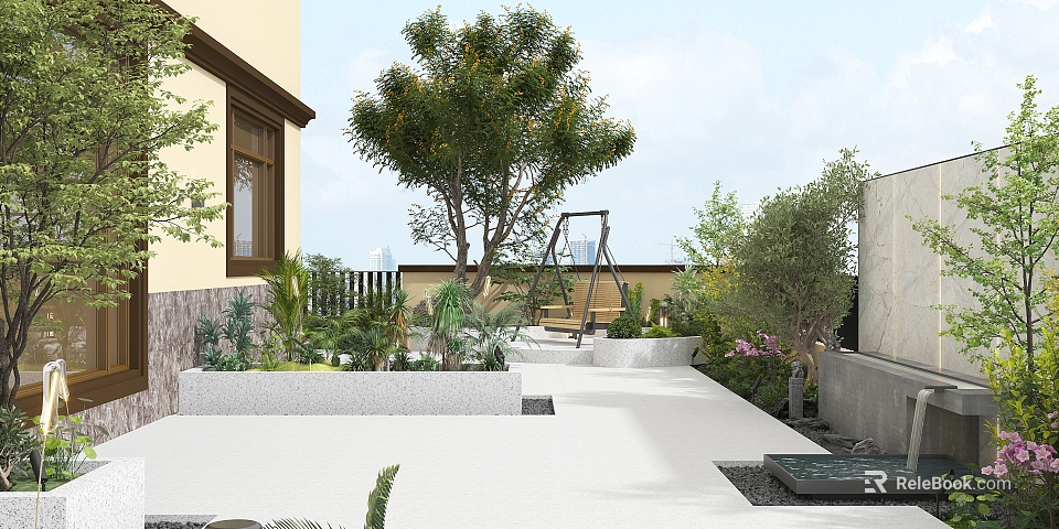 Serene Courtyard Garden Design With Swing Seat Green Plants And Stone Pathway 3d model 