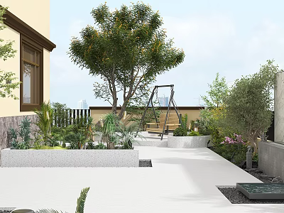 Serene Courtyard Garden Design With Swing Seat Green Plants And Stone Pathway 3d model