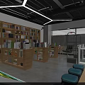 Modern Bookstore Interior With Wooden Bookshelves Books Blue Stools And Lighting