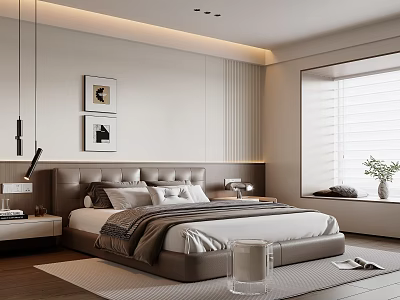Modern Bedroom Interior Design With Leather Headboard Nightstand Wall Art And Plants 3d model