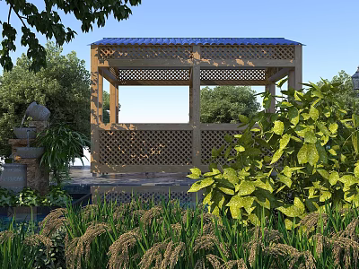 Scenic View With Wooden Pavilion Green Plants Fountain Blue Sky And Trees 3d model