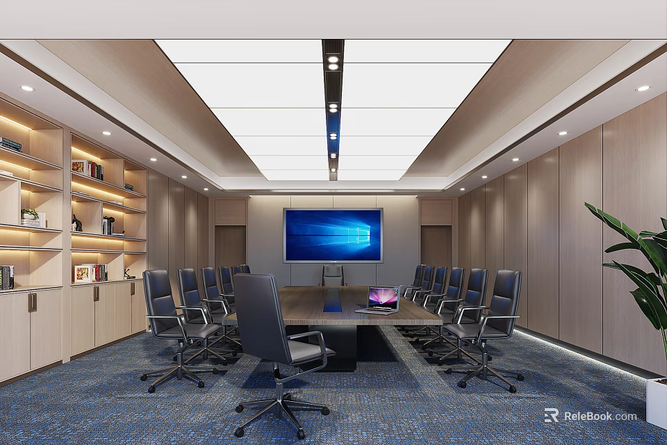 Modern Conference Room Interior Design With Long Table Office Chairs And Large Screen 3d model 