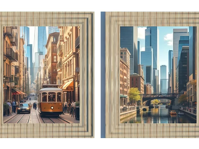 Landscape Painting of Urban Street and Canal with Tram Old Buildings Pedestrians Bridge Tall Buildings 3d model