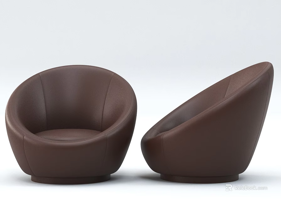 Two Brown Leather Single Sofas With Modern Curved Design And Comfortable Seats 3d model