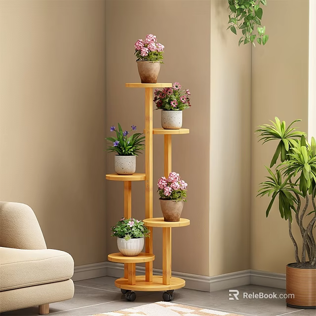 Wooden 5-Tier Indoor Flower Stand with Pink Purple Flowers and Potted Plants 3d model 