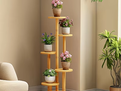 Wooden 5-Tier Indoor Flower Stand with Pink Purple Flowers and Potted Plants 3d model
