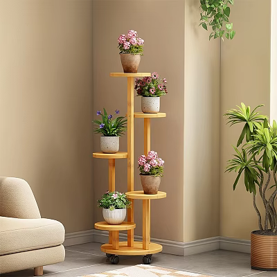 Wooden 5-Tier Indoor Flower Stand with Pink Purple Flowers and Potted Plants 3d model