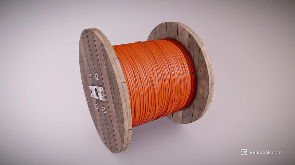 Large Wooden Cable Reel With Orange Electrical Cable For Construction Use 3d model
