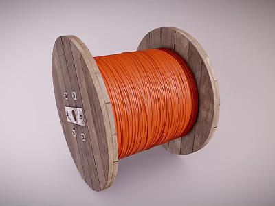 Large Wooden Cable Reel With Orange Electrical Cable For Construction Use 3d model