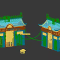 Cartoon Scenery With Chinese Style Buildings Tile Roofs Carved Decorations Lit Windows And Chain Link