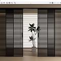 Modern Black Sliding Doors With Vertical Stripes And Indoor Green Plant View