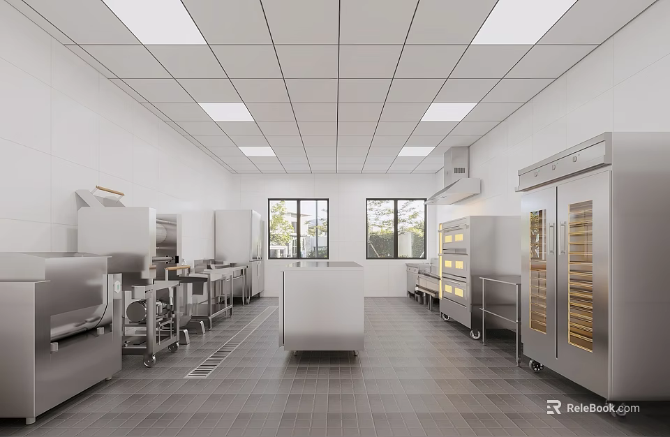 Professional Commercial Kitchen Interior With Stainless Steel Equipment Worktables And Cabinets 3d model 