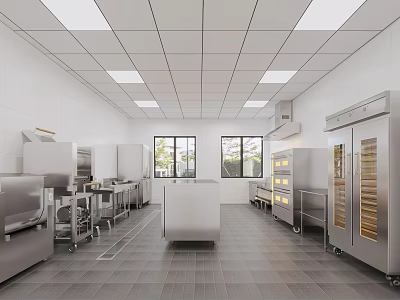 Professional Commercial Kitchen Interior With Stainless Steel Equipment Worktables And Cabinets 3d model