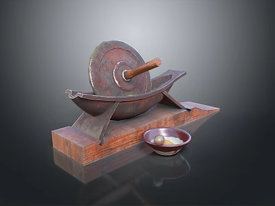 Traditional Manual Stone Grinder with Wooden Base and Small Bowl for Grinding 3d model