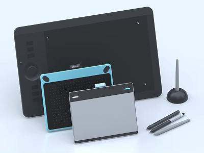 Various Sizes Drawing Tablets In Black Blue Silver With Styluses And Pen Holder 3d model