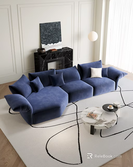 Casual Blue L-shaped Sofa Set with Pillows Marble Coffee Table Fireplace and Artwork 3d model 