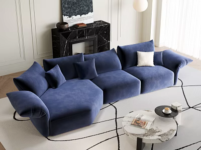 Casual Blue L-shaped Sofa Set with Pillows Marble Coffee Table Fireplace and Artwork 3d model