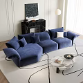 Casual Blue L-shaped Sofa Set with Pillows Marble Coffee Table Fireplace and Artwork