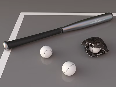 High Quality Baseball Equipment Set With Metal Bat Leather Glove And Three White Balls 3d model