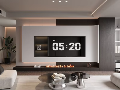 Modern TV Wall Design with Digital Clock Fireplace Shelves and Potted Plant in Living Room 3d model