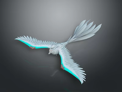 3D Model of Flying Bird With White Wings And Blue Glowing Edges Against Gray Background 3d model