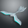 3D Model of Flying Bird With White Wings And Blue Glowing Edges Against Gray Background