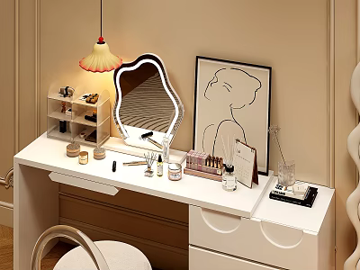 Modern White Dressing Table With Decorative Mirror Makeup Items Hanging Lamp And Artwork 3d model