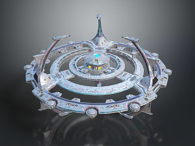 Futuristic Space Station Model With Circular Multi layered Metallic Structure And Central Spire 3d model