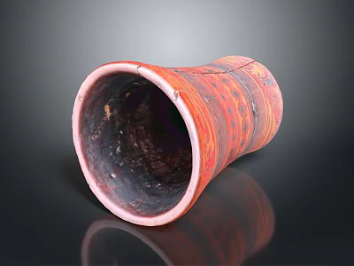 Red Patterned Ceramic Clay Pot With Dark Interior On Shiny Reflective Surface 3d model