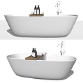 White Freestanding Bathtub With Wooden Tray Toiletries And Chrome Faucet