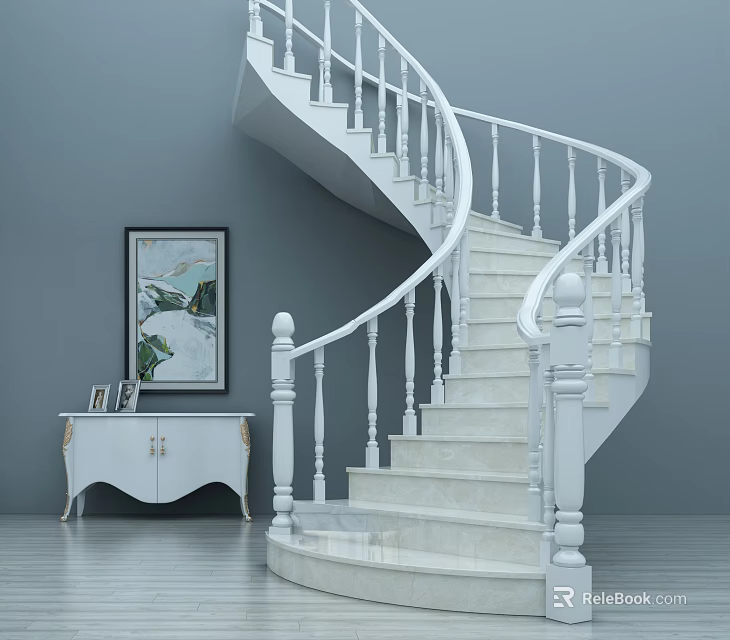 White Marble Spiral Staircase With White Railings Wall Art On Gray Wall And Wooden Floor 3d model 