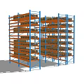 Industrial Multi Tier Storage Racks With Blue Frame And Orange Pallets For Warehouse Goods