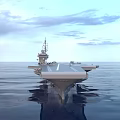 Naval Aircraft Carrier Sailing On Open Sea With Flight Deck And Military Gear